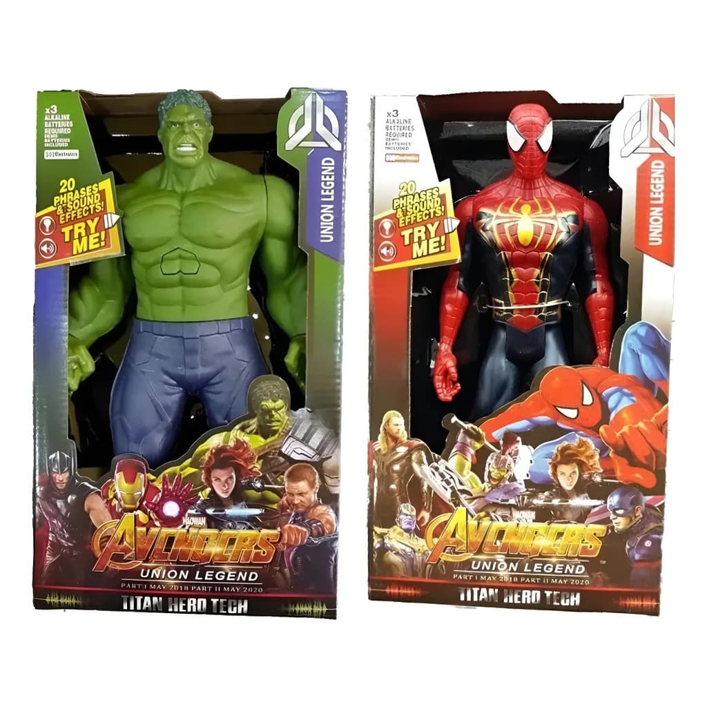 2 Bonecos Vingadores Hulk E Homem Aranha Articulado 31cm Som