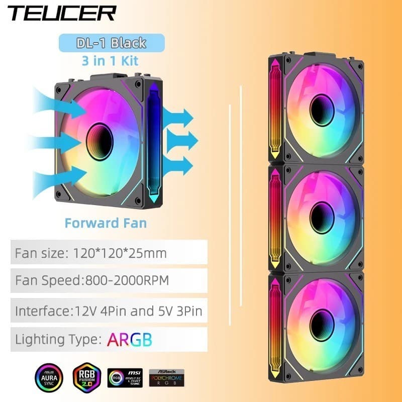 TEUCER Ventilador PC Série DL-1 Modular Bloco ARGB Sincronizado 5V 3 Pinos 2000RPM，Pacote para PC