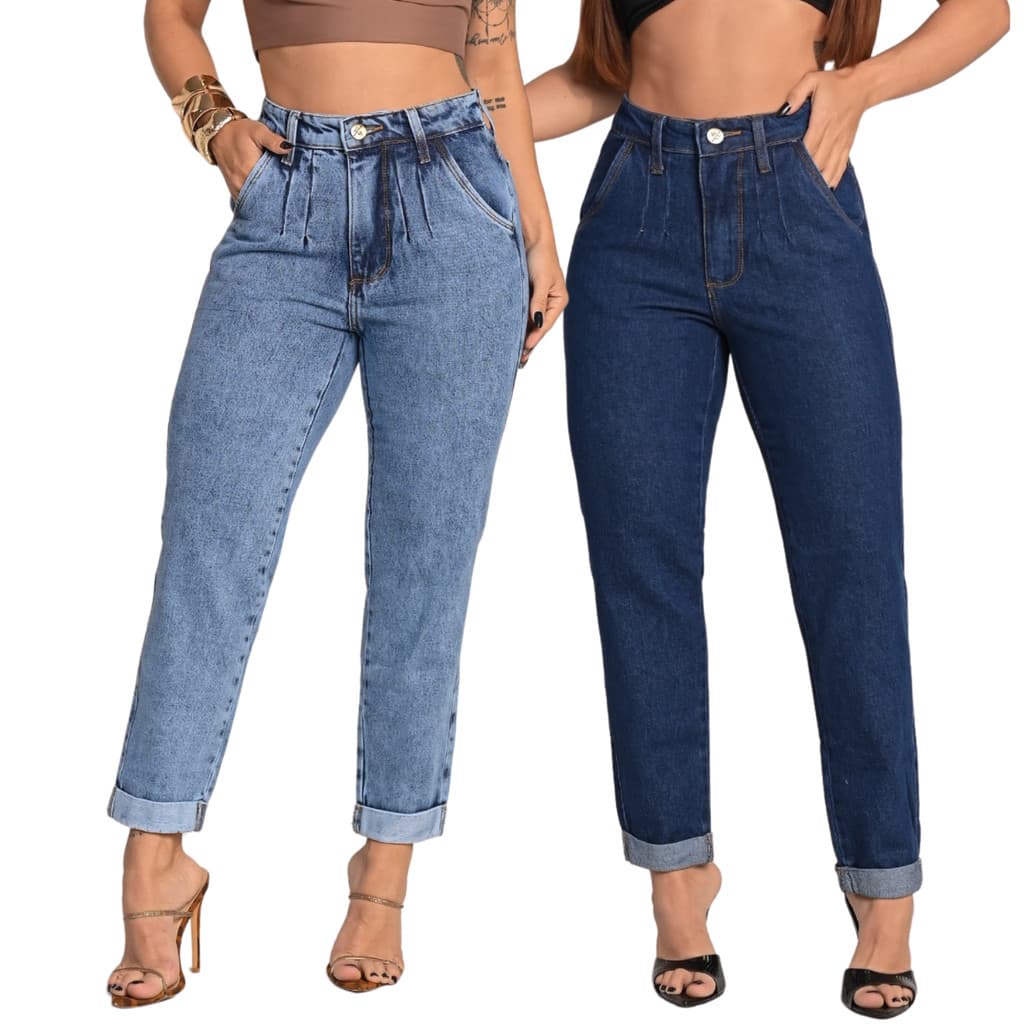 Kit 2 Calça Feminina Jeans Mom Casual Cintura Alta Elegante Tecido Premium