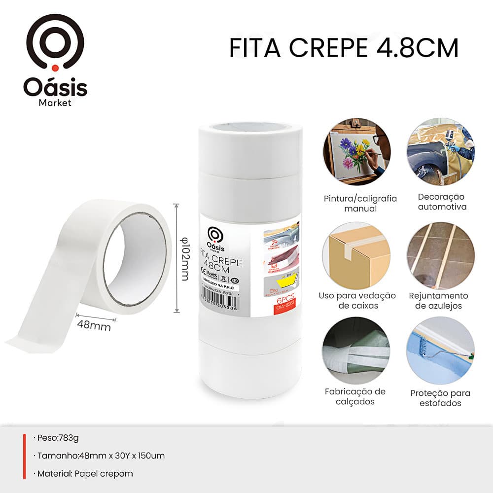 Fita Crepe Adesiva Branca 48mm - Ideal para Uso Escolar e de Escritório