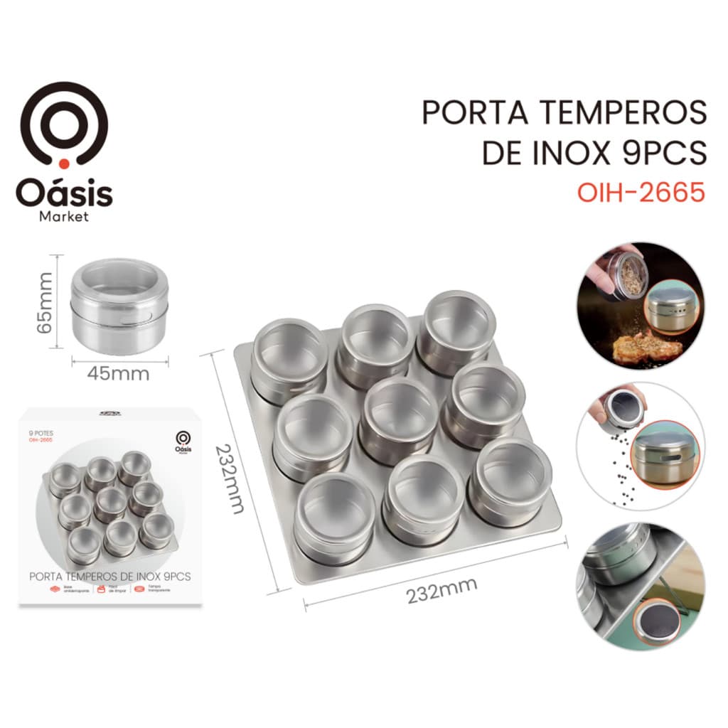 Porta Condimentos Temperos Magnetico Inox 6 Pçs ou 9 Pçs Com Suporte Imã Geladeira Cozinha