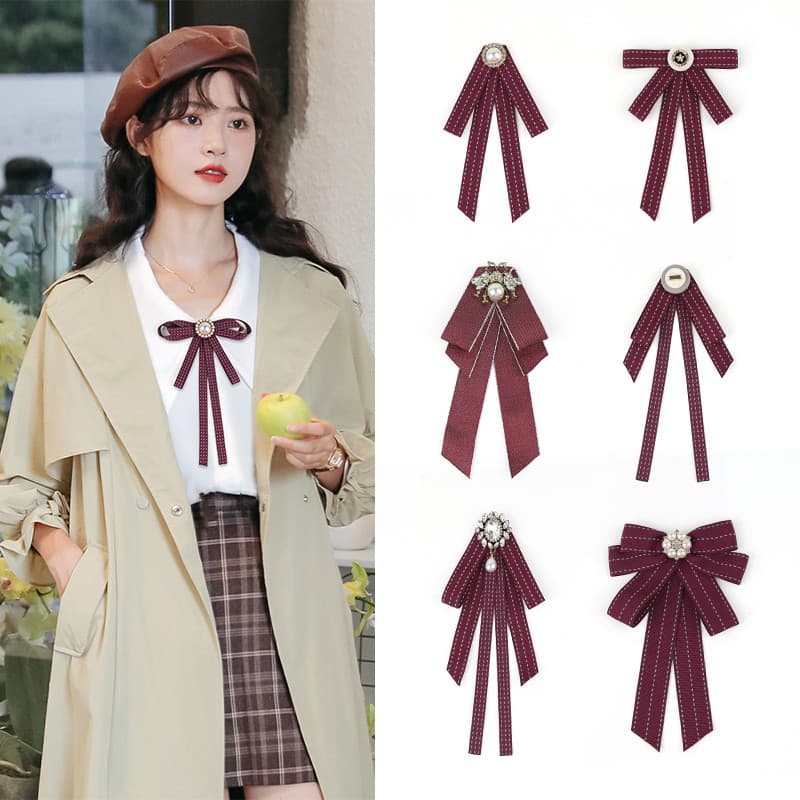 2025 novo estilo gravata borboleta camisa jaqueta feminina vinho vermelho Retro All-Match elegante pino arco pescoço ace