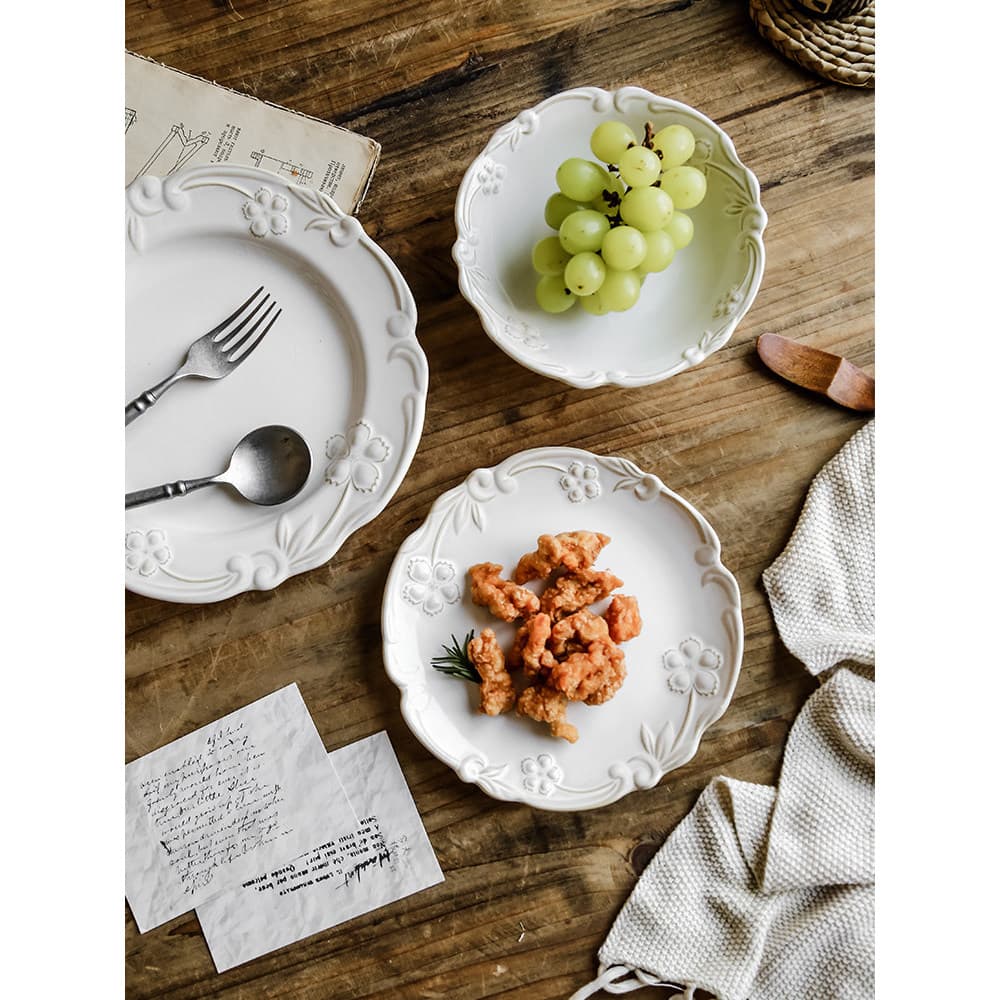 Prato de jantar de cerâmica retrô em relevo em flor de cerejeira Talheres europeus Prato de comida ocidental Prato de so