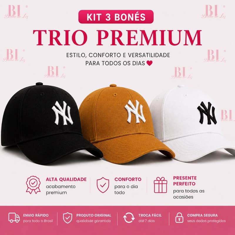 Kit 3 Bonés NY New York Bordado Aba Curva Unissex