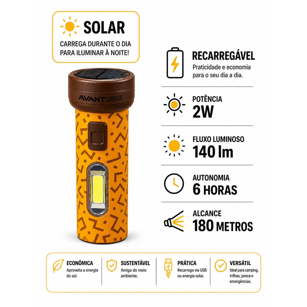 Lanterna Led Recarregável Solar 2W 140lm Alta Potência Alcance 180m USB 6500k  Avant