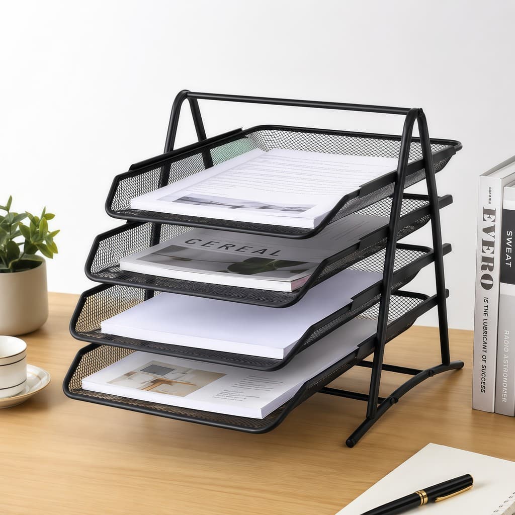 Porta Arquivos de Mesa A4 4 Bandejas Metálico Organizador de Documentos