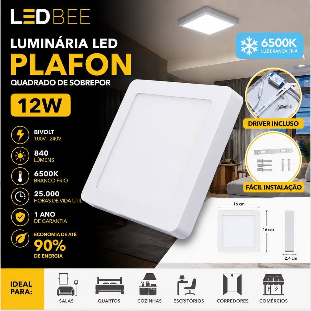 Luminaria plafon led sobrepor quadrada 12W 6500K ledbee
