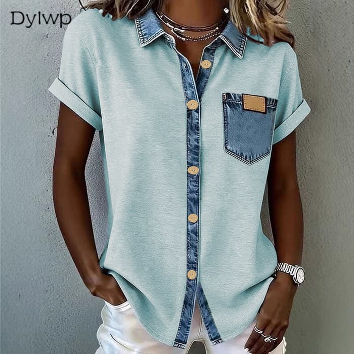 Camiseta Feminina Jeans Patchwork Gola Manga Curta Casual Com Botões E Bolso Solto Top De Verão