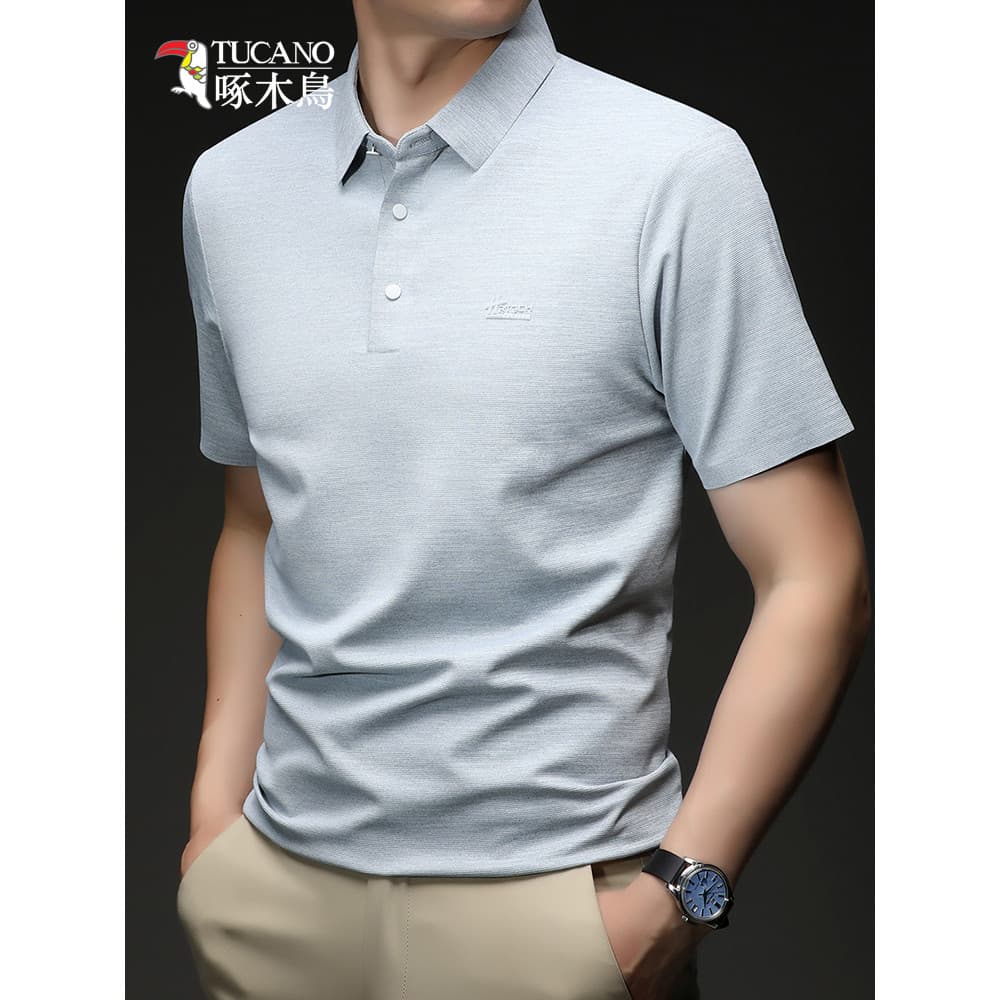 Woodpecker verão gelo seda manga curta camiseta masculina de meia-idade juventude negócios Casual camisa POLO masculina