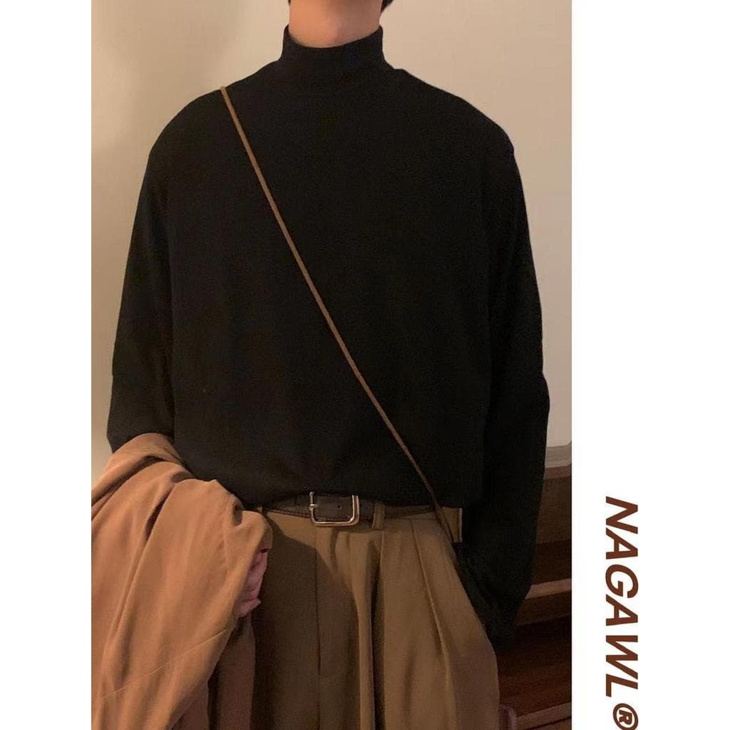 W inverno novo estilo japonês Retro jogo interno meia gola alta camisa de fundo masculino Casual All-match manga comprid