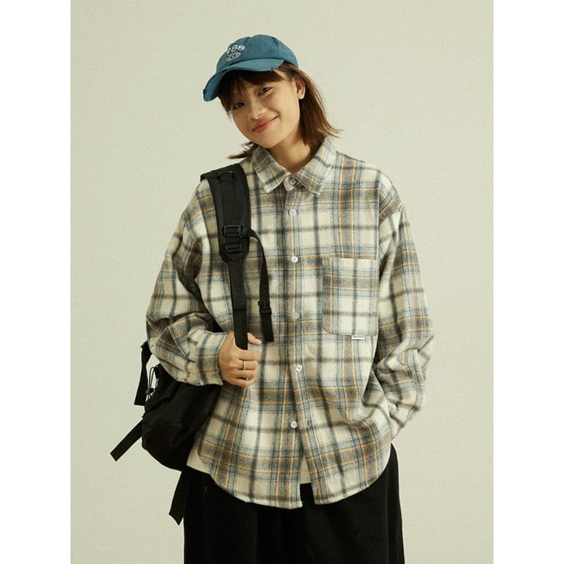 GoodNorth Japonês Retro Lã Xadrez Camisa de Manga Comprida Solta Casual All-Match Camisa Jaqueta Homens Mulheres Estilo