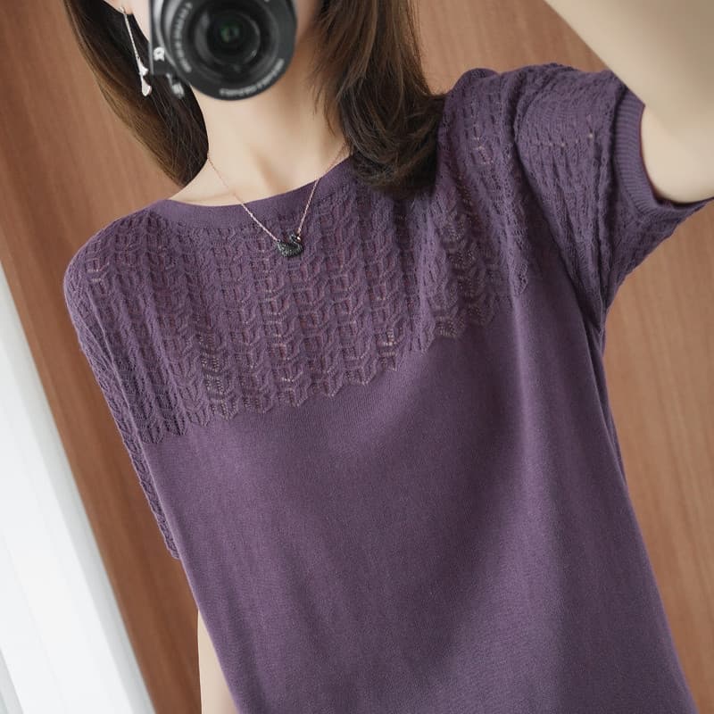 2025 verão novo estilo puro algodão malha de manga curta camiseta feminina oco elegante versão coreana solta metade @-