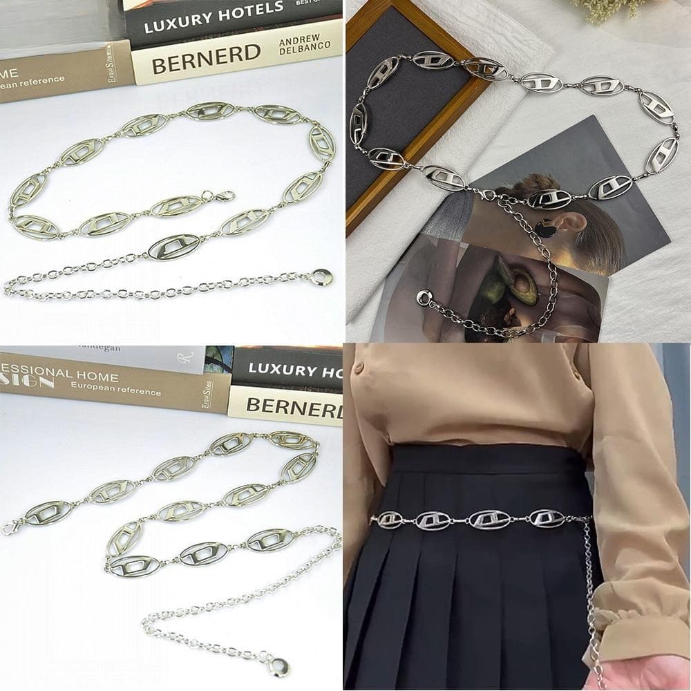 Corrente Decorativa para Cintura, Ajustável com a Letra D, Cinto Feminino de Metal Prateado Reutilizável