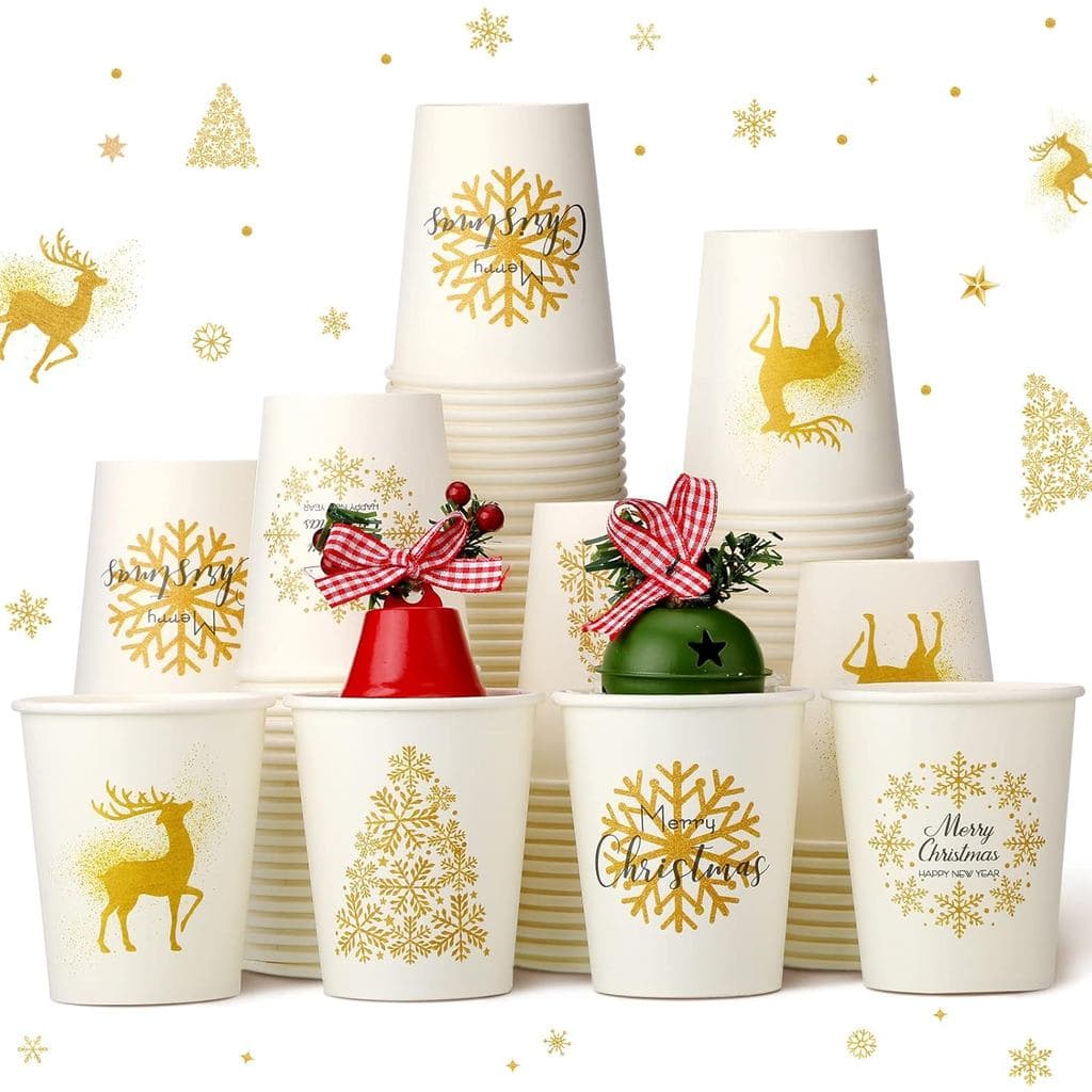 Hotop 100 Peças Copos Descartáveis de Natal de 9 oz, Copos de Papel de Natal, Copos Dourados para Café, Copos de Chocola