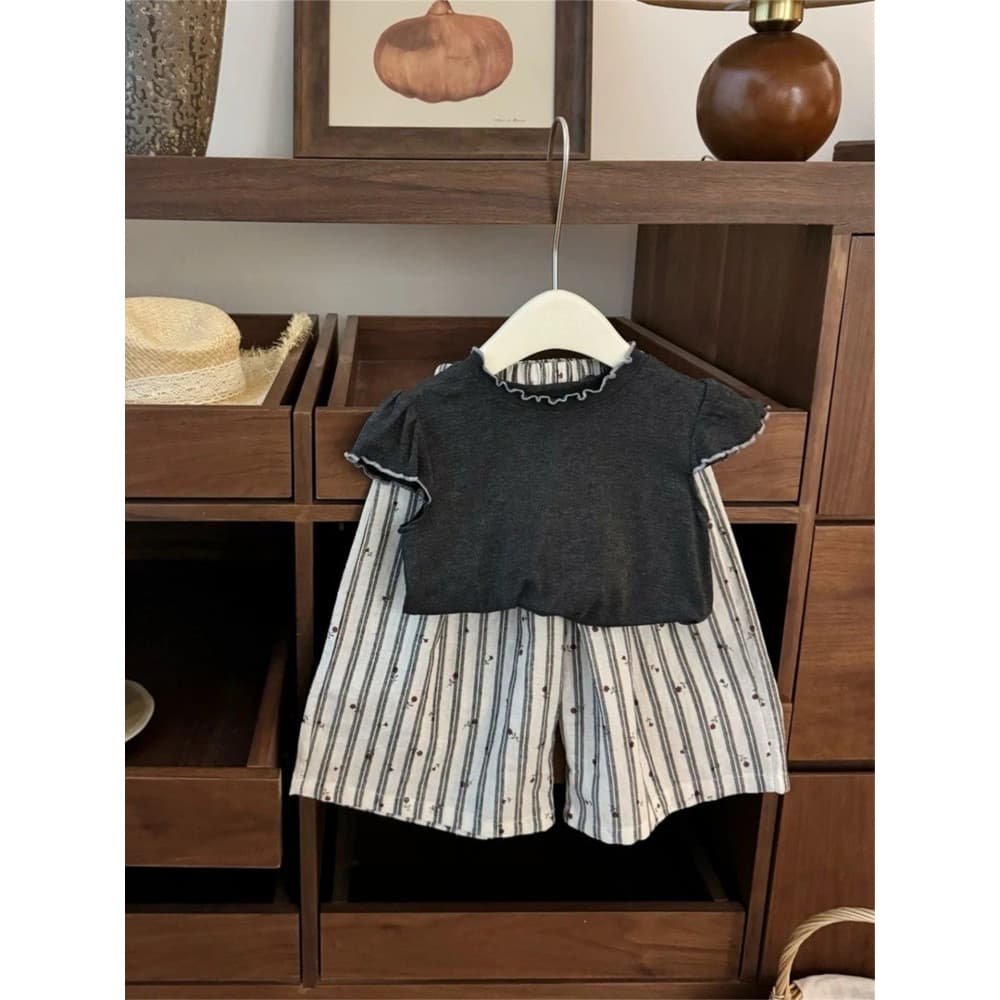 Meninas estilo ocidental terno 25 verão novo estilo fungo borda máscara cerosa macia camiseta + listrado Floral calças r