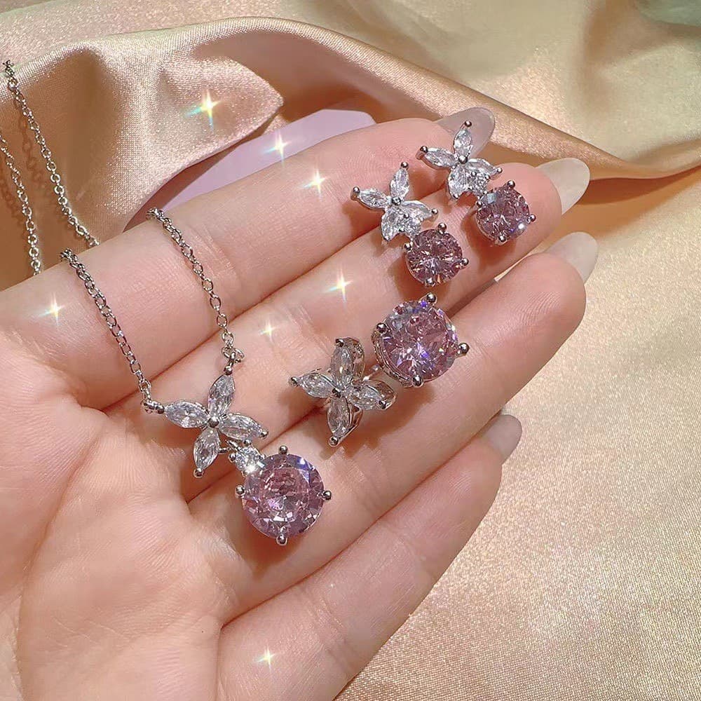 [B.Ling] Marquise Leaf Pink Zircon Colar Joias Colar Brincos Anel Conjunto de três peças
