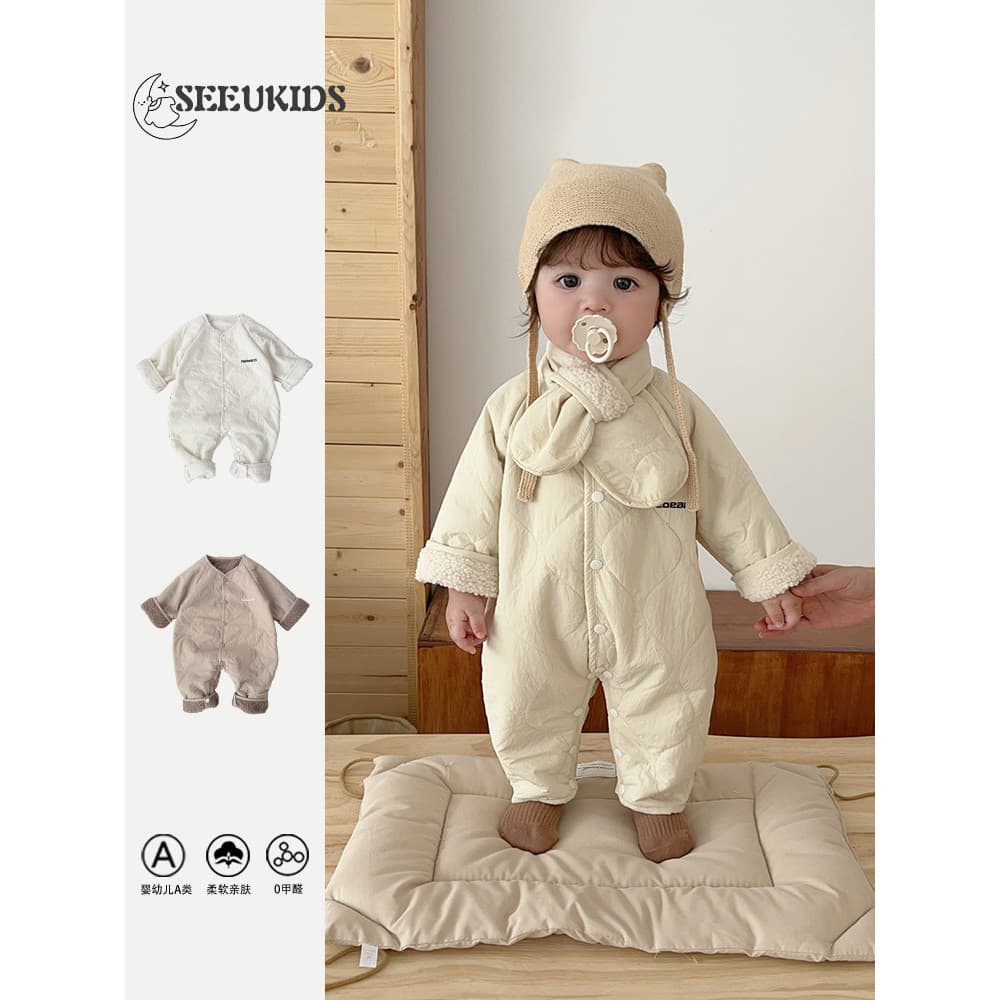 Versão coreana bebê forro de lã engrossado macacão quente masculino feminino bebê inverno [incluindo cachecol] macacão d