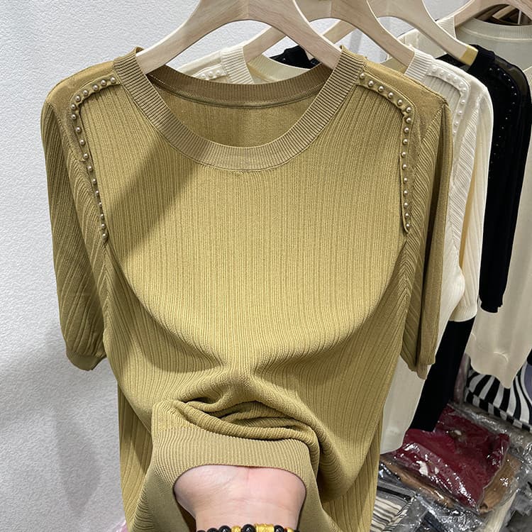 Tamanho grande roupas femininas de seda gelo malha de manga curta verão novo estilo frisado Design topo solto mais magro