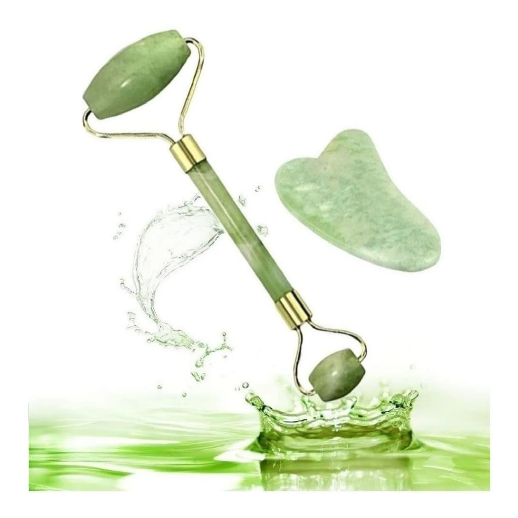 Kit 2 Rolo Pedra de Jade Massagem Facial Massageador Anti Ruga Placa Guasha Verde Rolinho Geladinho