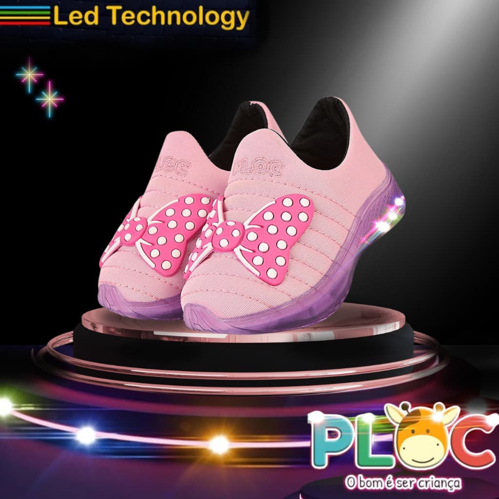 Tênis Led Infantil Luzinha Menina Meia Calce Fácil Flexível Anatômico PLOC LED18 - ROSA LAÇO MINNIE PINK POÁ