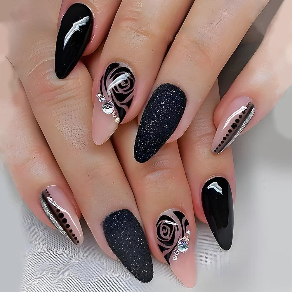 CTTHNBD Unhas Postiças Médias em Formato Amendoado - Unhas Falsas Pretas com Design Floral - Unhas Postiças Brilhantes c
