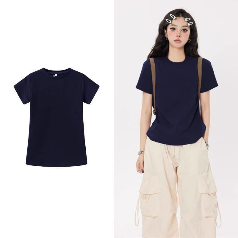 Camiseta de ombro de manga curta de algodão puro verão novo estilo em torno do pescoço azul marinho fino ajuste mais mag