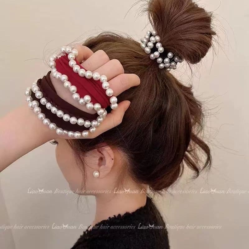 Faixa de cabeça de pérola de aba larga, laço de cabelo preto de alta qualidade, rabo de cavalo coreano, faixa de borrach