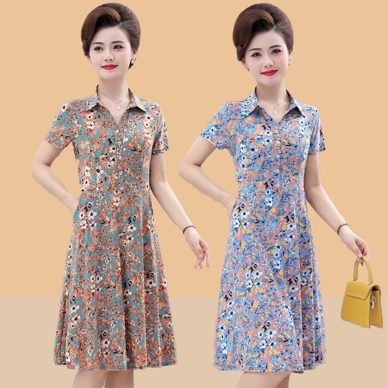 Mulheres de meia-idade verão novo estilo vestido feminino 50 anos de idade mãe verão lapela magro ajuste comprimento méd
