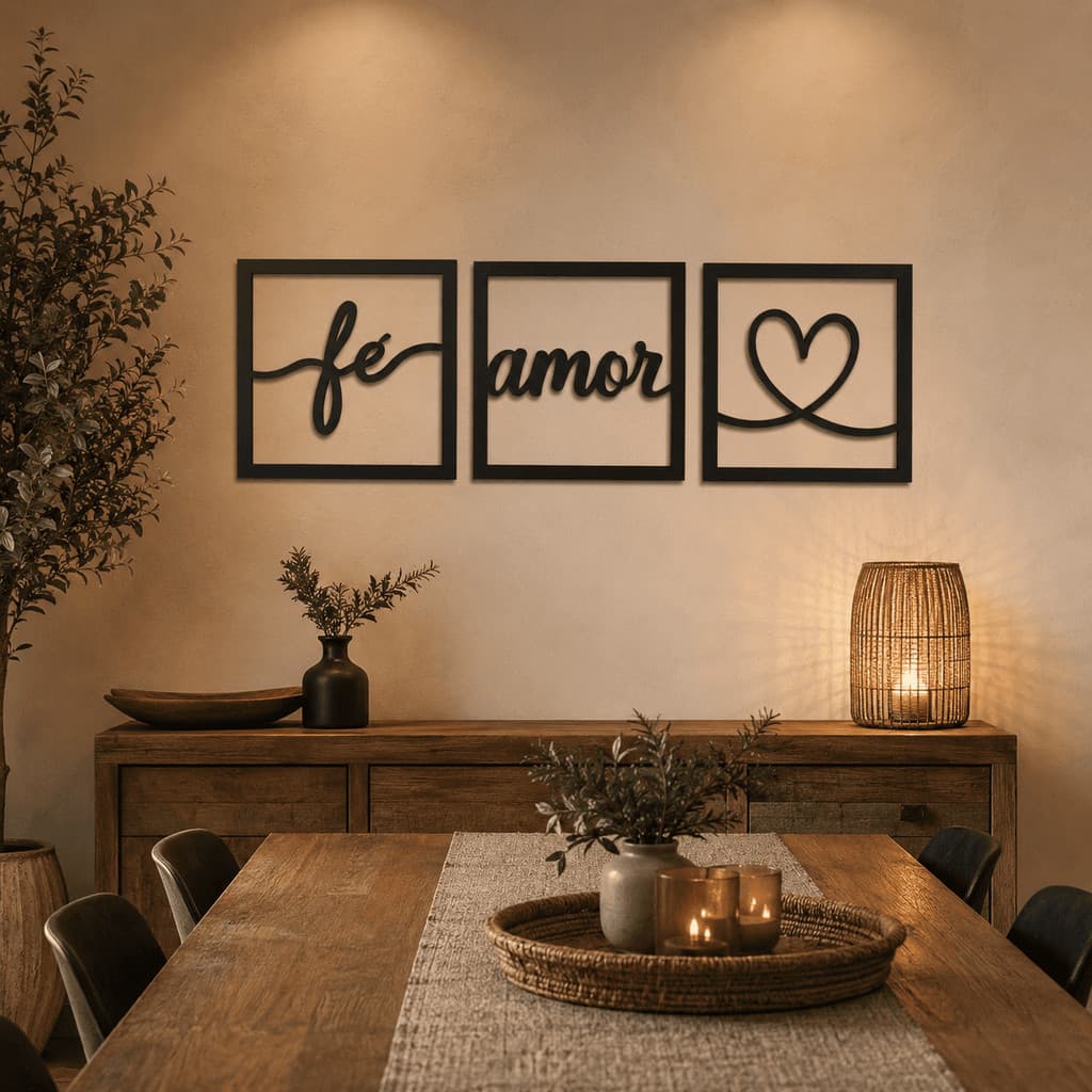 Kit 3 Quadros Decorativos Amor Fé Coração MDF Preto 3mm Parede Sala Quarto