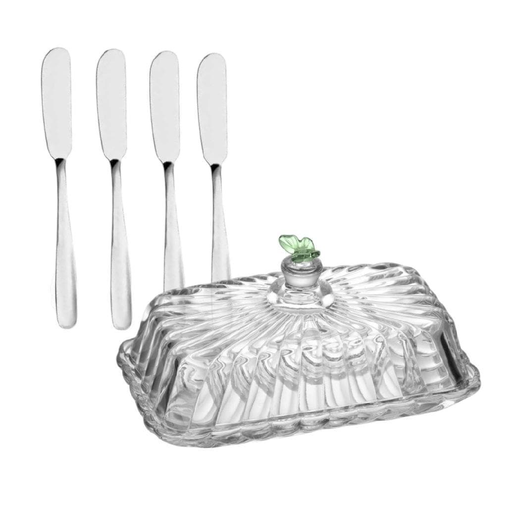 Kit Mesa Posta Manteigueira Cristal Transparente Borboleta 3D Sortida E 4 Espátulas Servir