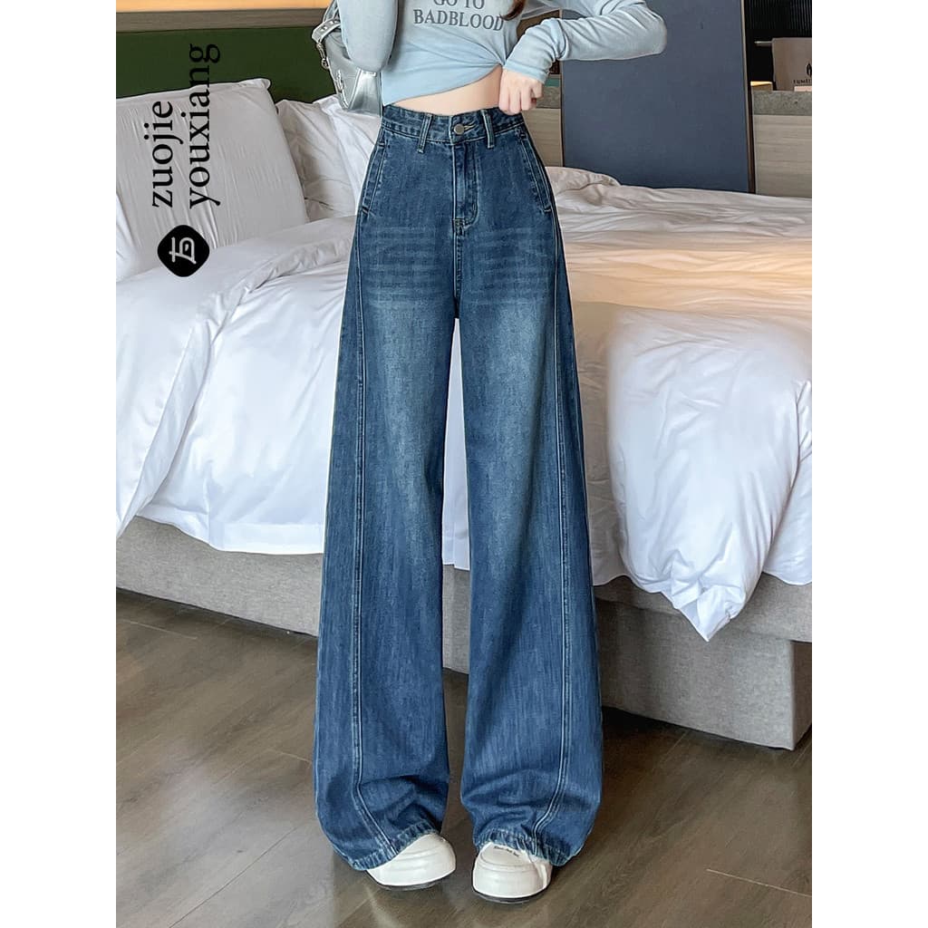 Calças de brim de perna larga de lã feminina solta 2026 outono novo estilo cintura alta Retro azul pequena calças de Ban
