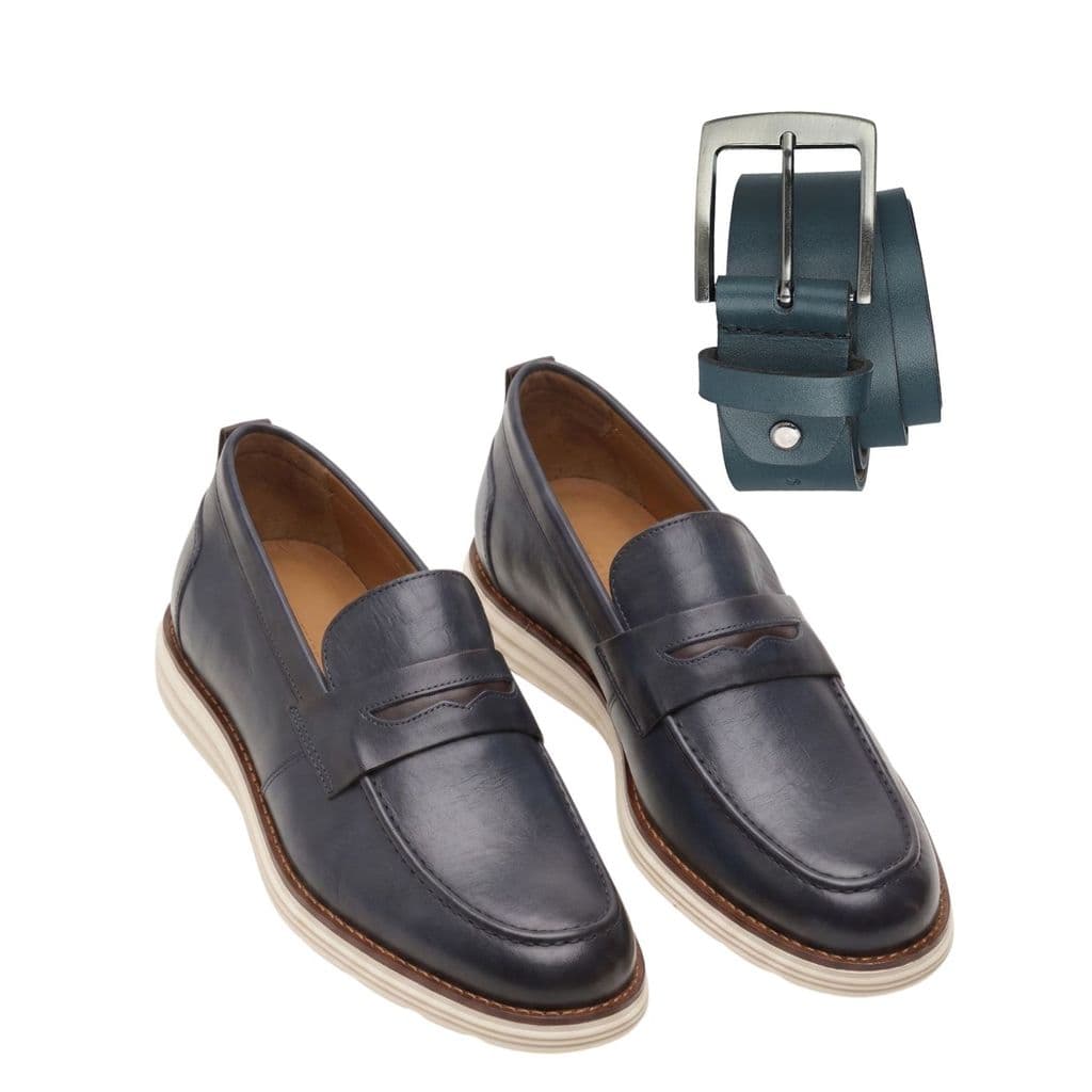 KIT EXCLUSIVO: SAPATO AZUL MARINHO  LOAFER COURO LEGÍTIMO + CINTO SOCIAL
