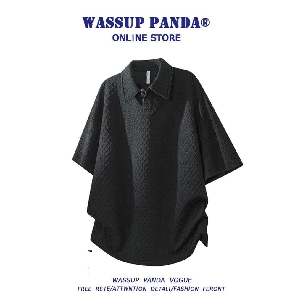 WASSUP PANDA Estilo Americano Diamante Check Camisa POLO de Manga Curta Masculina Verão Texturizado Lapela Solta Camiset