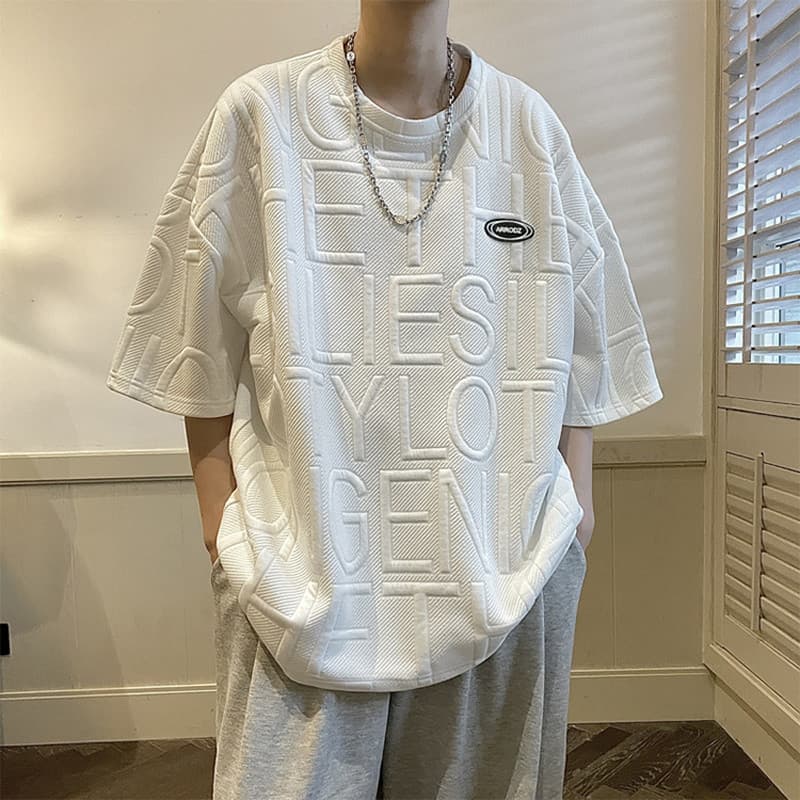 Carta tridimensional em torno do pescoço de manga curta camiseta masculina verão novo estilo ins street Wear textura mei