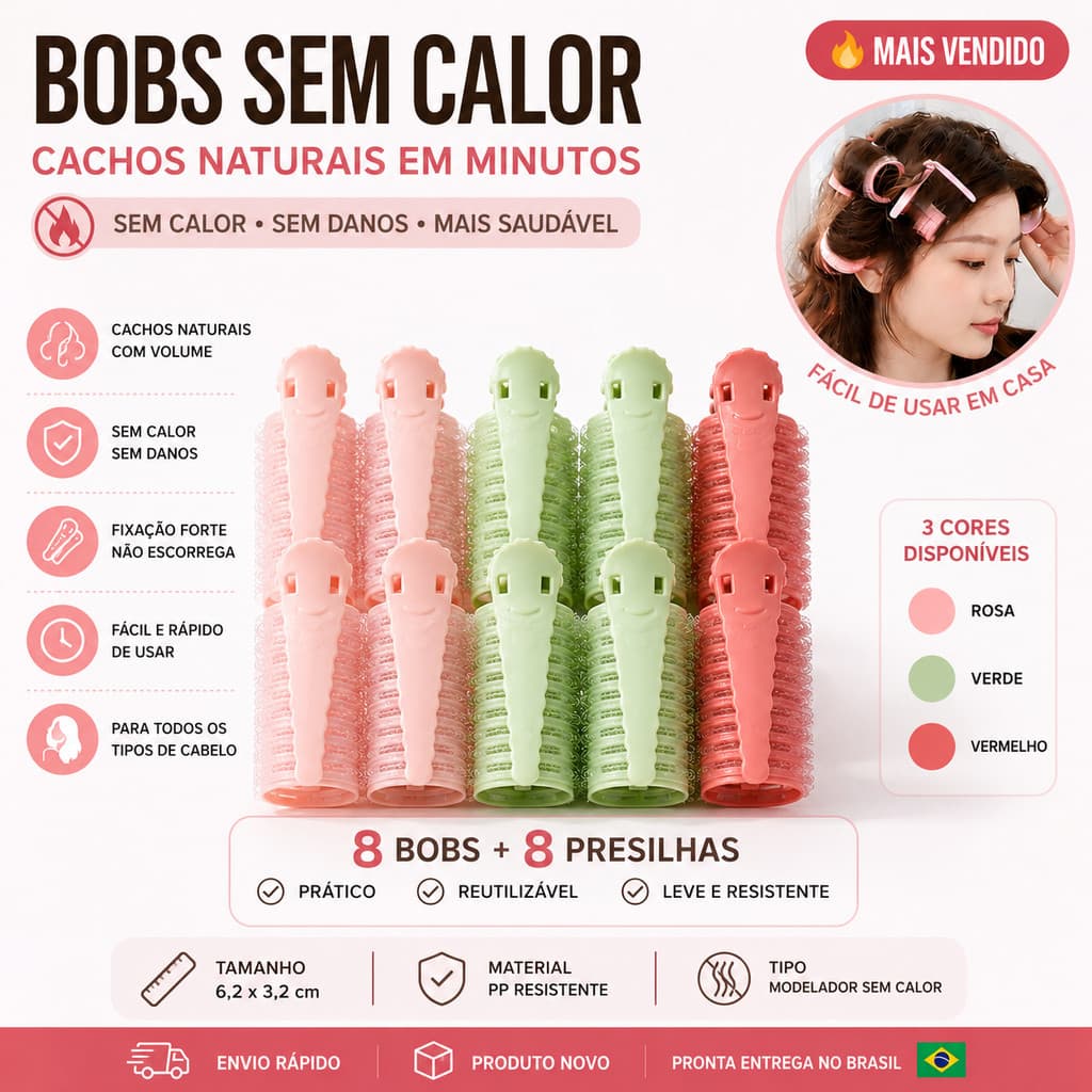 Kit 10 Bobes Velcro + 10 Presilhas para Cachos Sem Calor Modelador de Cabelo Volume Natural Fácil de