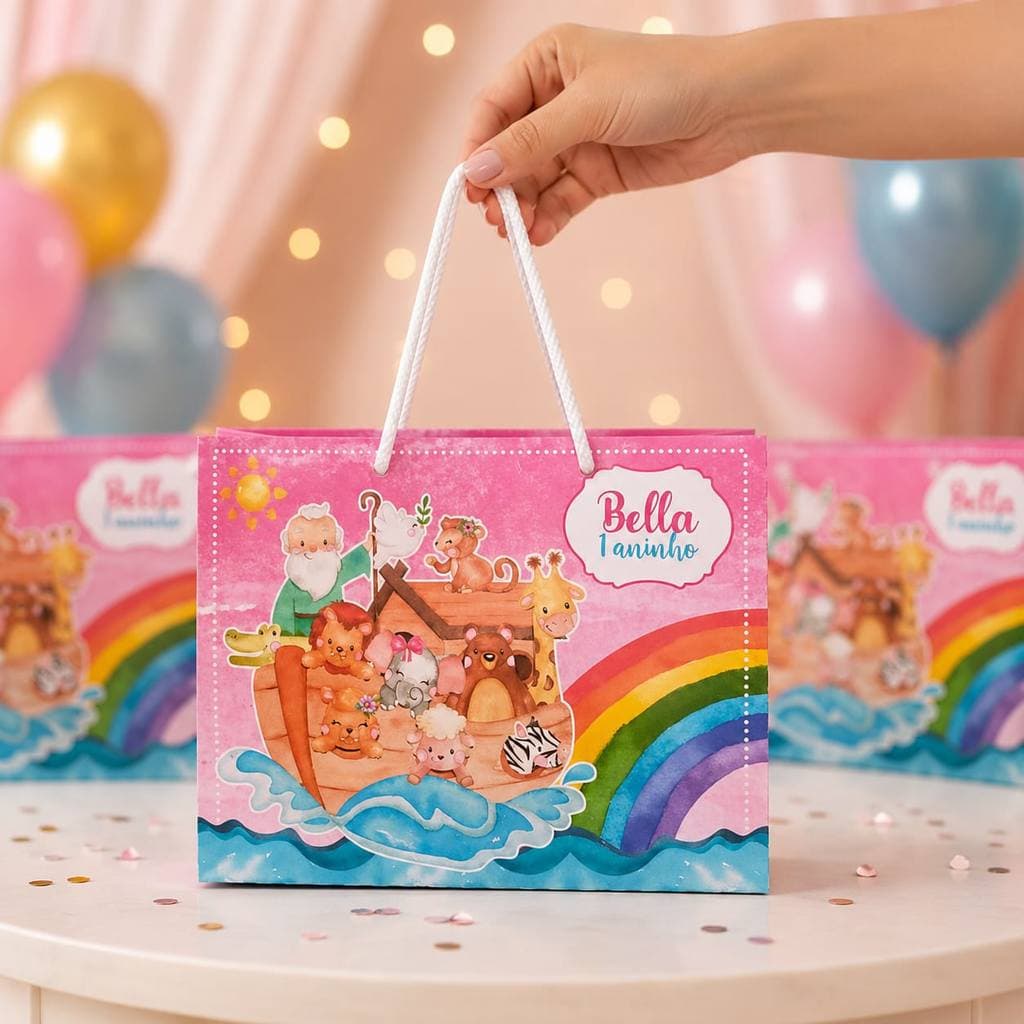 Sacolinhas Personalizadas tema ARCA DE NOÉ ROSA | Personalizados | Sacola para festas e lembrancinhas | Pegue e monte