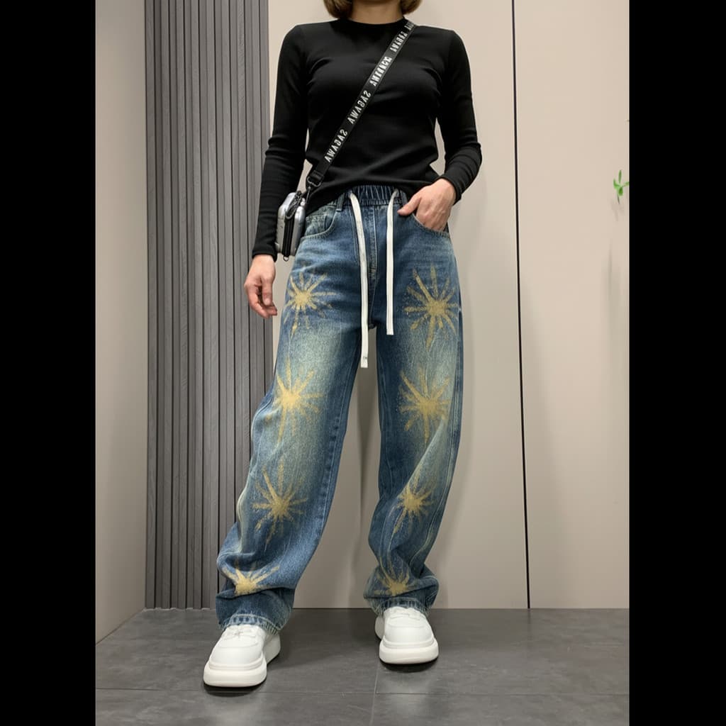 Europeu americano senhoras Jeans street Wear High street gradiente cintura elástica americano Casual solto calças de per