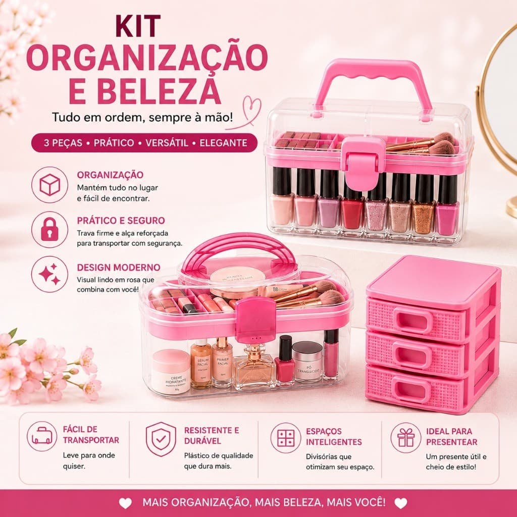 Kit Utilitário Rosa Organizador De Maquiagem Maleta Porta Esmalte Gaveteiro Moderno