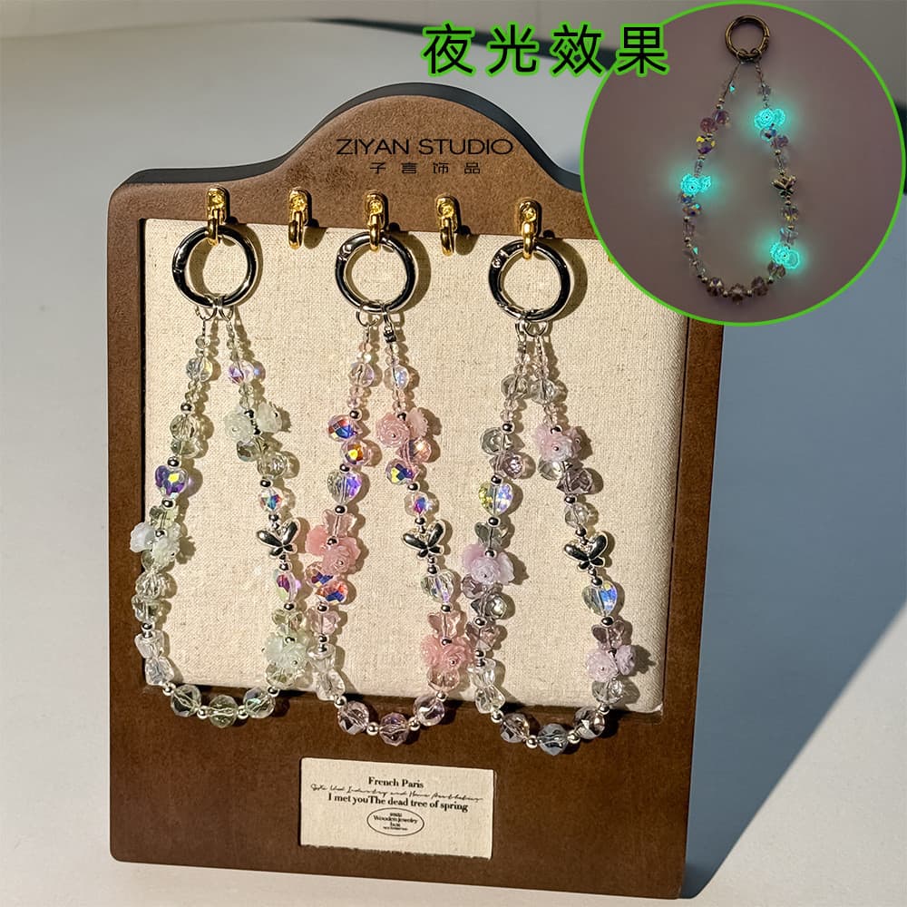 Liga Original borboleta cristal corrente do telefone móvel fone de ouvido saco decoração High-End chaveiro luminoso rosa