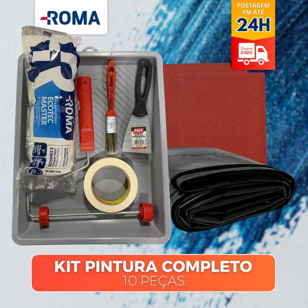 KIT PINTURA 9 ITENS: BANDEJA, 3 LIXAS , FITA CREPE, TRINCHA, ROLO, CABO, ESPATULA, LONA PLASTICA