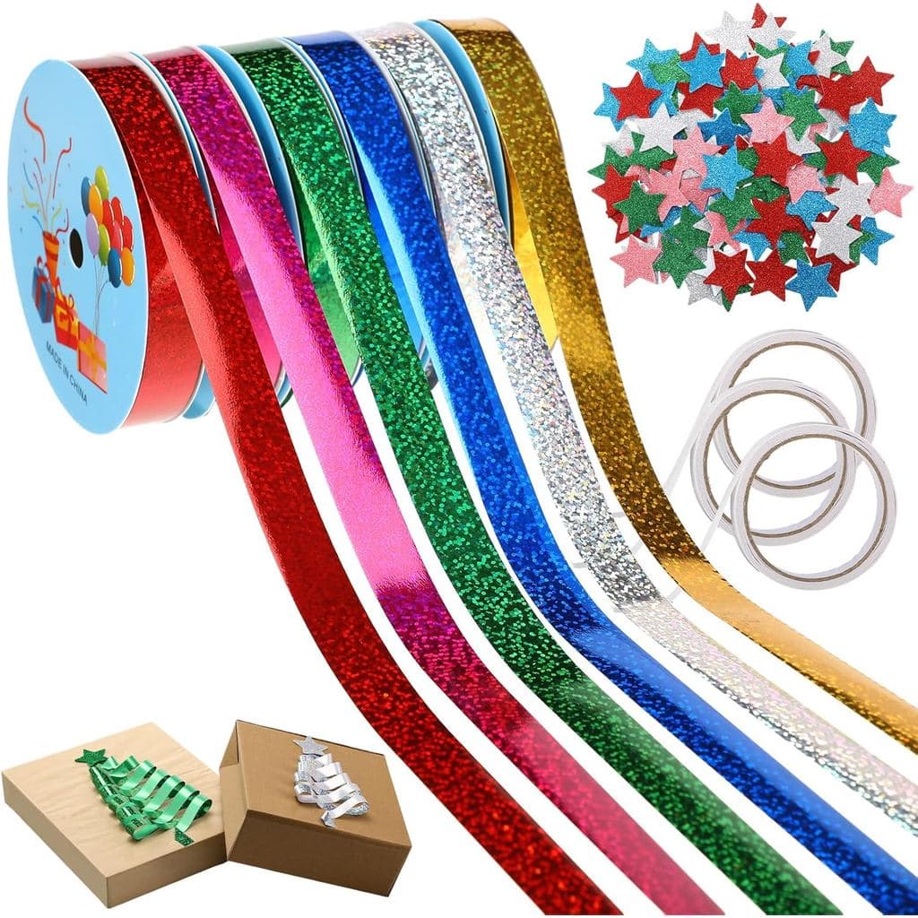 6 Rolos de Fita de 22 Jardas para Embalagem de Presentes com 120 Adesivos de Estrelas Brilhantes, Acessórios para Artesa