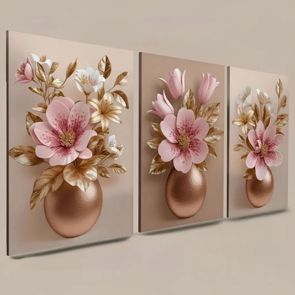Quadro Sala Abstrato Vaso Geometrico Flores Rosas E Formas Rosa
