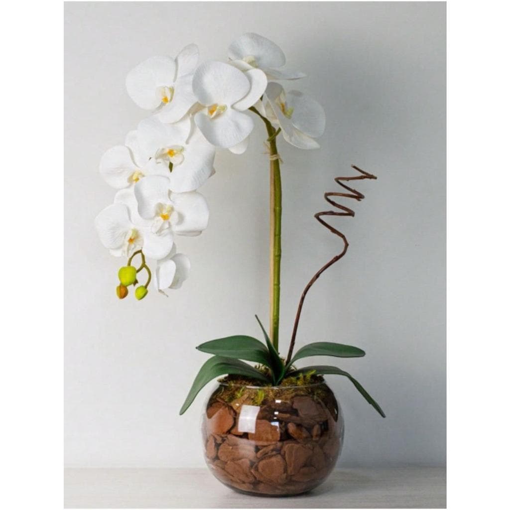 Arranjo Completo Flor Orquídea Artificial Silicone 3D com Vaso de Vidro para Enfeite de Mesa Sala - Vaso Decorativo.