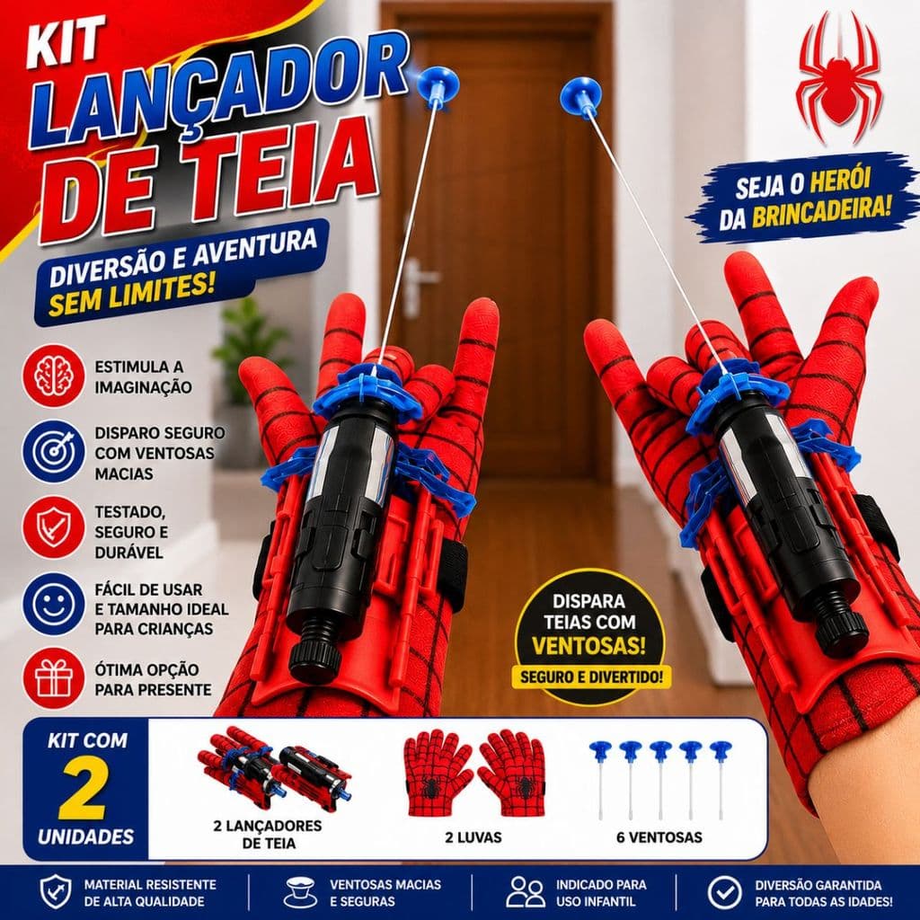 Brinquedo Infantil Homem-Aranha – Kit com 2 Luvas Lançadoras de Dardos