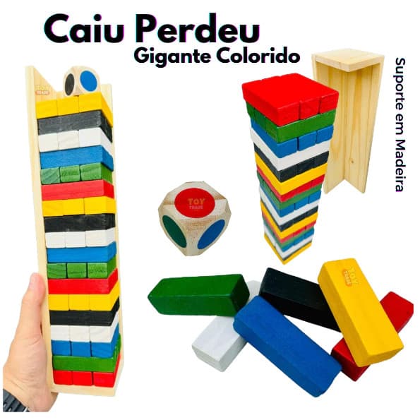 Caiu Perdeu Colorido com Dado em Madeira - Toy Trade Jogo de Equilíbrio e Coordenação