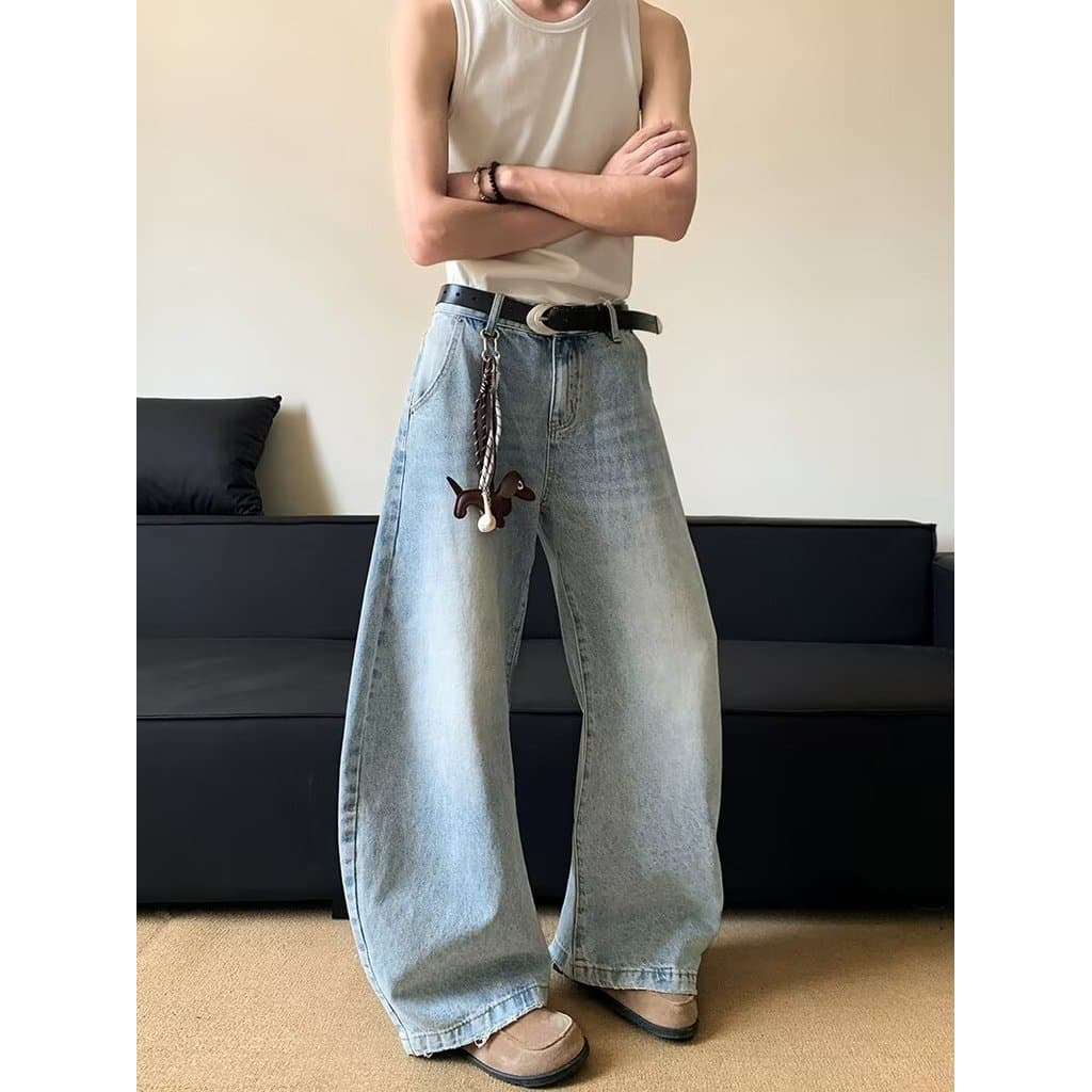 Primavera Jeans meninos na moda calças masculinas soltas em linha reta calças casuais Retro lavado calças Jeans de perna