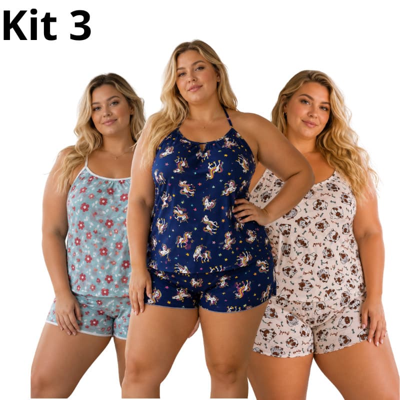 Kit 3 Baby Doll Plus Size Microfibra Feminino Short Doll Pijama XGG Confortável