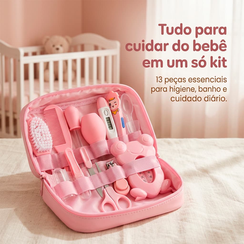 Kit Higiene Infantil Bebe Rosa Com Bolsa Termometro Aspirador Nasal Tesoura Pente