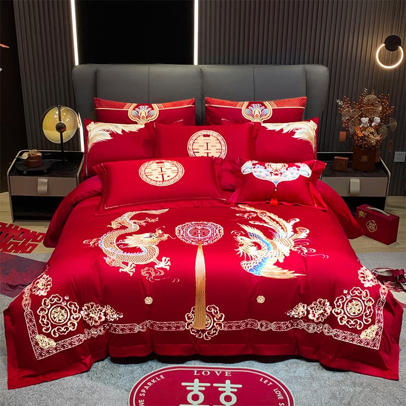 Novo estilo chinês algodão casamento conjunto de quatro peças grande dragão vermelho Phoenix bordado Multi-peça puro alg