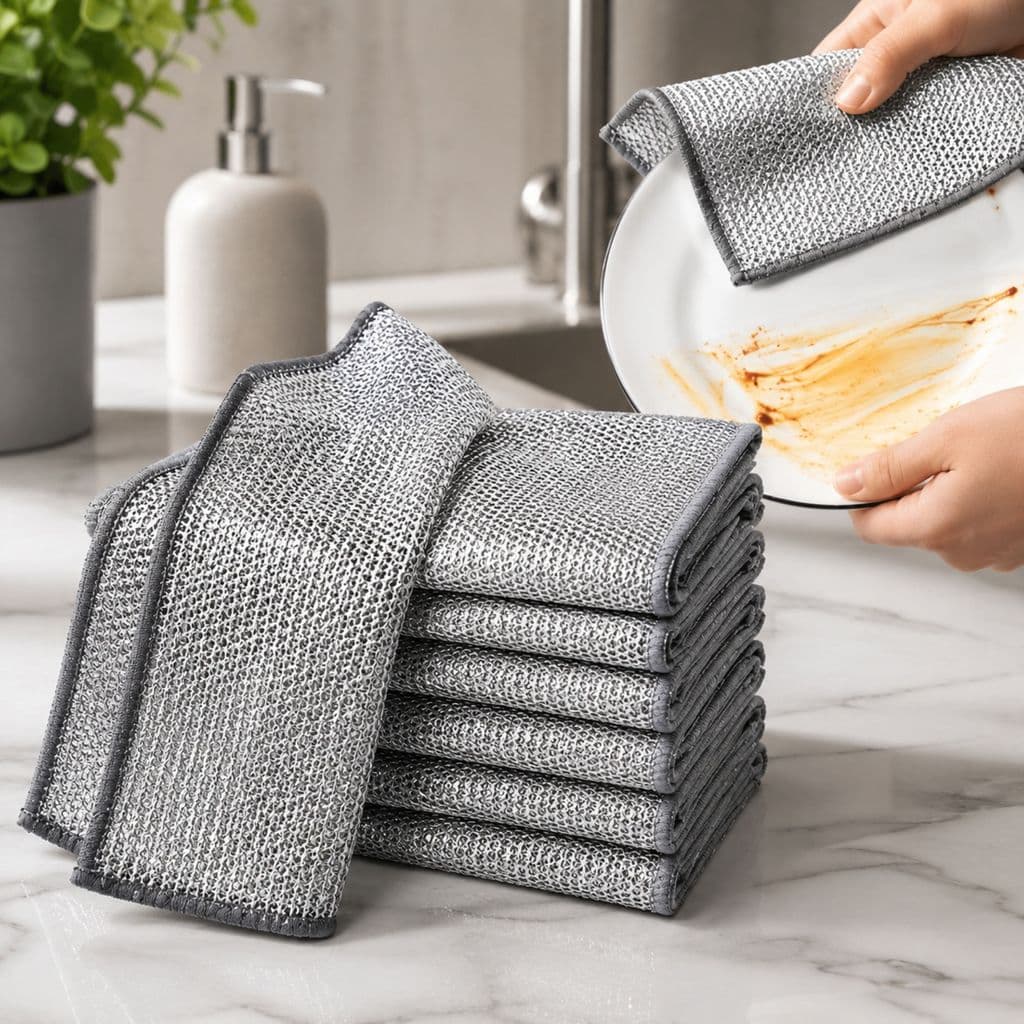 Kit Pano de Lavar Louça em Aço Inoxidável Reutilizável Anti Gordura Limpeza Pesada Cozinha
